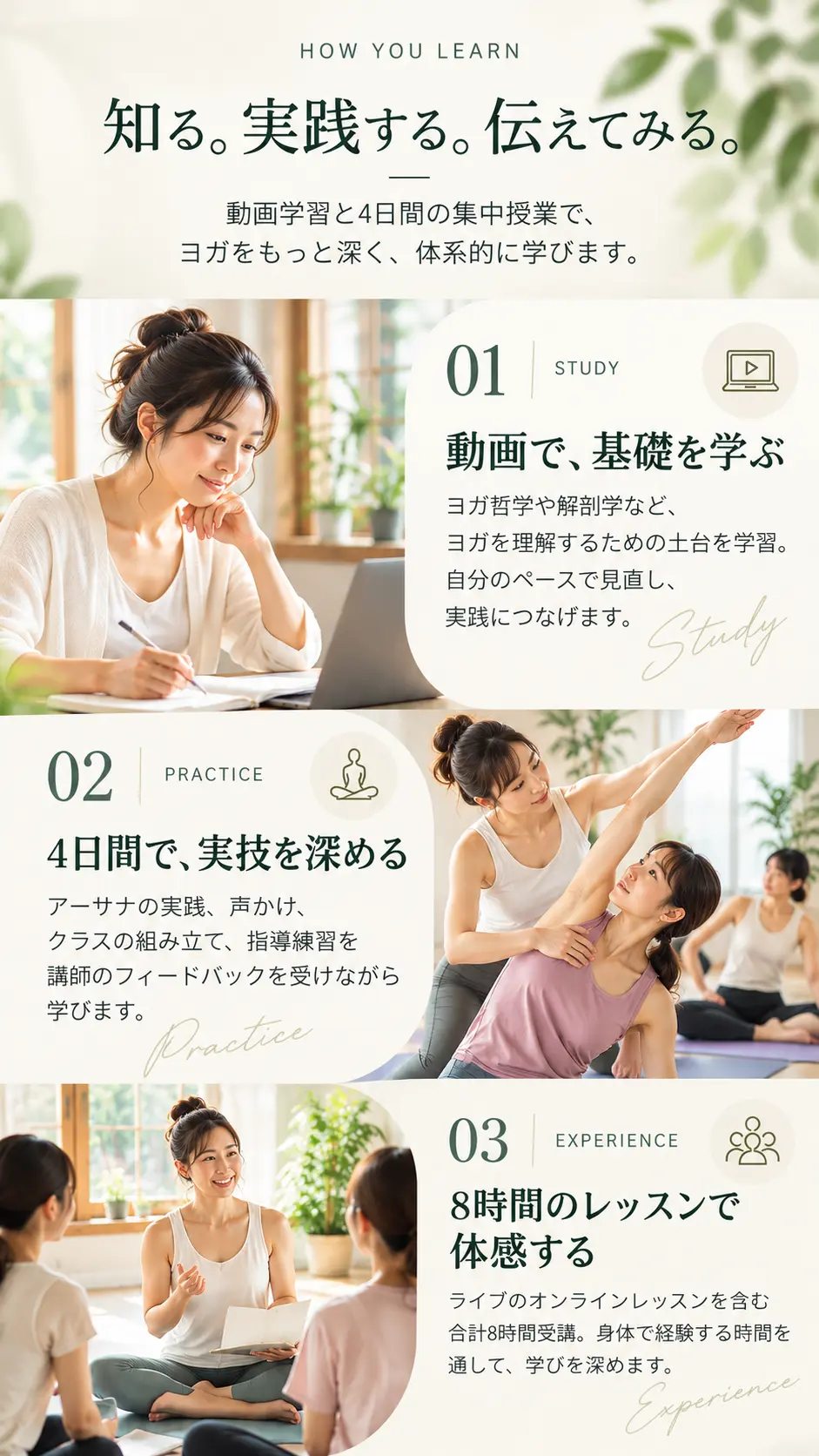 RYT200の学習方法。動画で基礎を学び、4日間の集中授業で実技を深め、オンラインレッスンで経験を積む